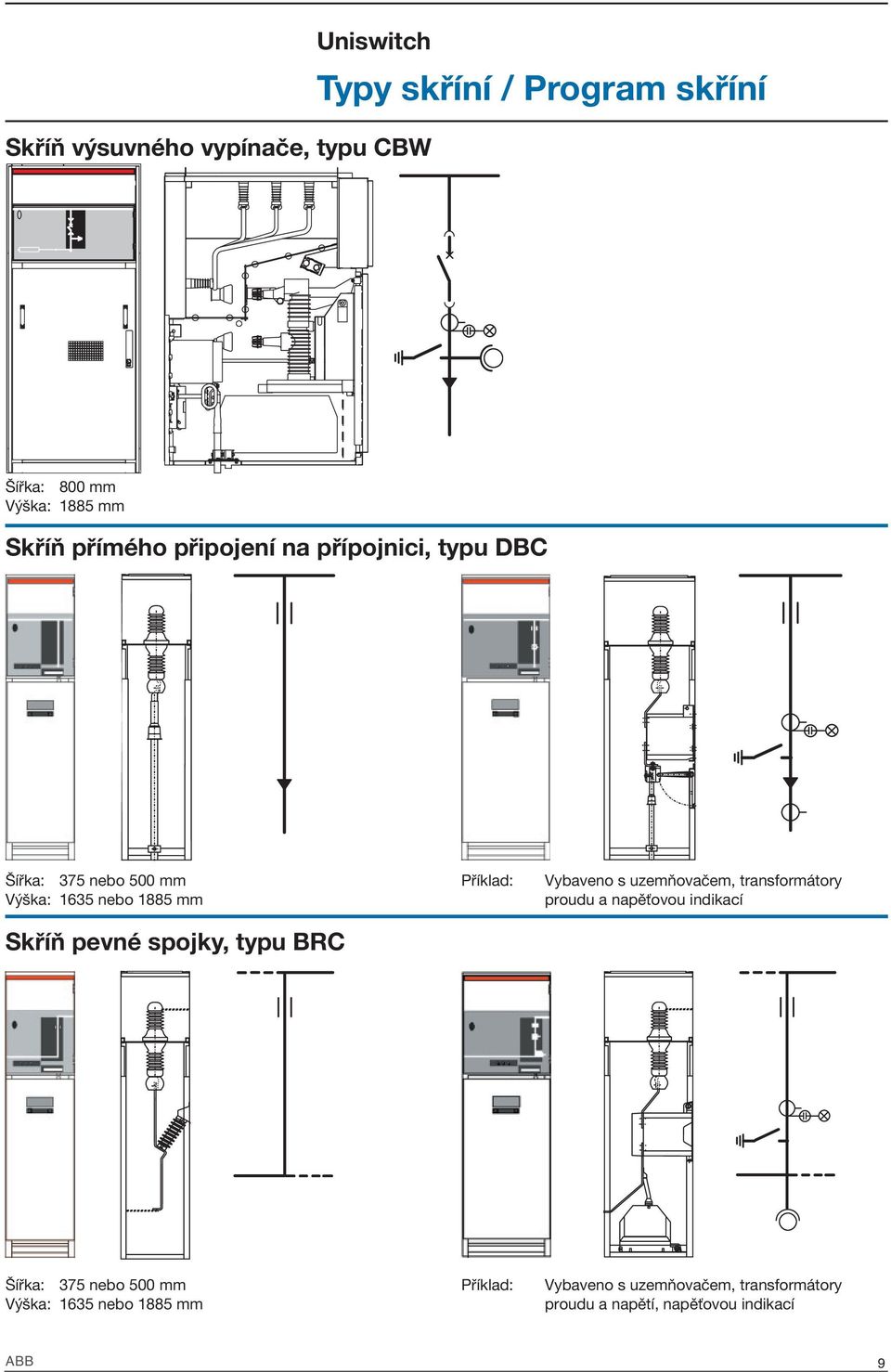 BRC Příklad: Vybaveno s uzemňovačem, transformátory proudu a napěťovou indikací Šířka: 375 nebo 500 mm