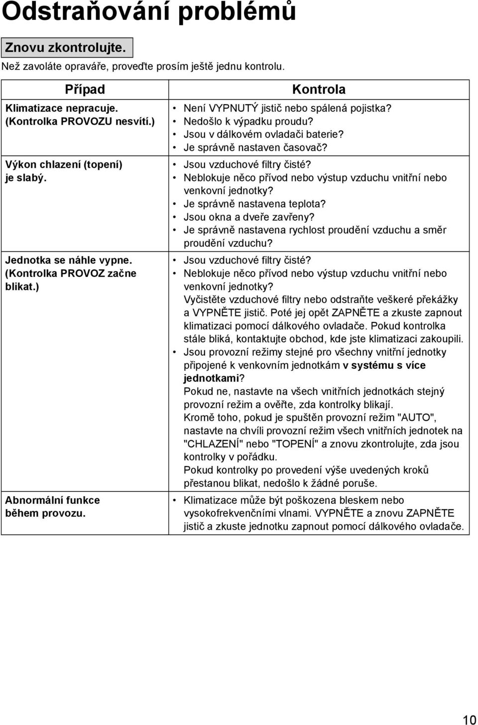 Jsou v dálkovém ovladači baterie? Je správně nastaven časovač? Jsou vzduchové filtry čisté? Neblokuje něco přívod nebo výstup vzduchu vnitřní nebo venkovní jednotky? Je správně nastavena teplota?