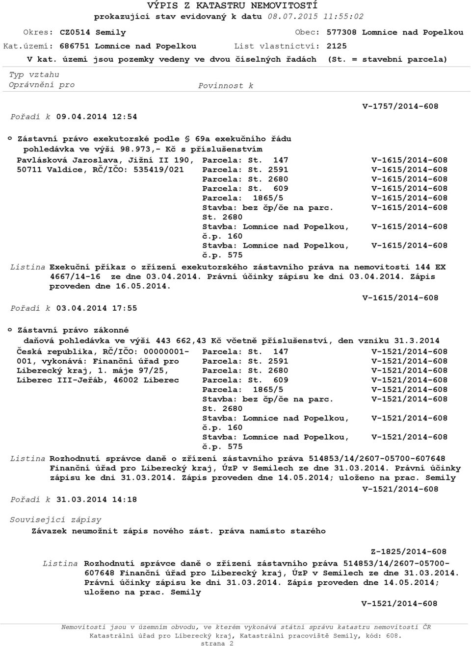 973,- Kč s příslušenstvím Pavláskvá Jarslava, Jižní II 190, 50711 Valdice, RČ/IČO: 535419/021 Parcela: Exekuční příkaz zřízení exekutrskéh zástavníh práva na nemvitsti 144 EX 4667/14-16 ze dne 03.04.