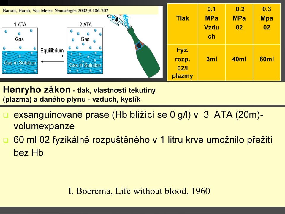 - vzduch, kyslík exsanguinované prase (Hb blížící se 0 g/l) v 3 ATA (20m)- volumexpanze 60 ml 02