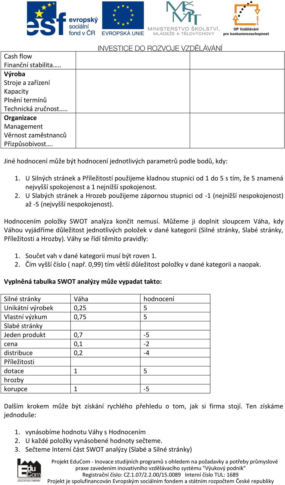 U Silných stránek a Příležitostí použijeme kladnou stupnici od 1 do 5 s tím, že 5 znamená nejvyšší spokojenost a 1 nejnižší spokojenost. 2.