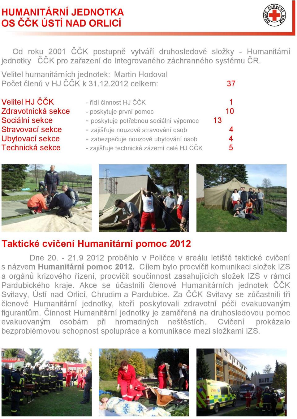 2012 celkem: 37 Velitel HJ ČČK - řídí činnost HJ ČČK 1 Zdravotnická sekce - poskytuje první pomoc 10 Sociální sekce - poskytuje potřebnou sociální výpomoc 13 Stravovací sekce - zajišťuje nouzové