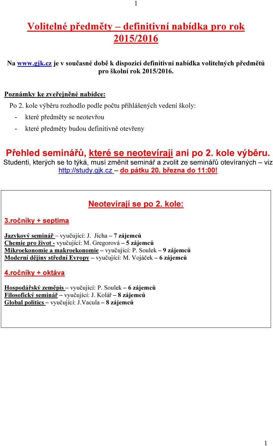 kole výběru rozhodlo podle počtu přihlášených vedení školy: - které předměty se neotevřou - které předměty budou definitivně otevřeny Přehled seminářů, které se neotevírají ani po 2. kole výběru.