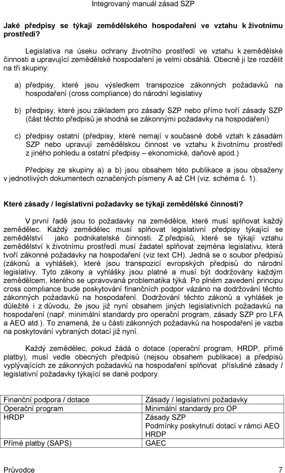 Obecně ji lze rozdělit na tři skupiny: a) předpisy, které jsou výsledkem transpozice zákonných požadavků na hospodaření (cross compliance) do národní legislativy b) předpisy, které jsou základem pro