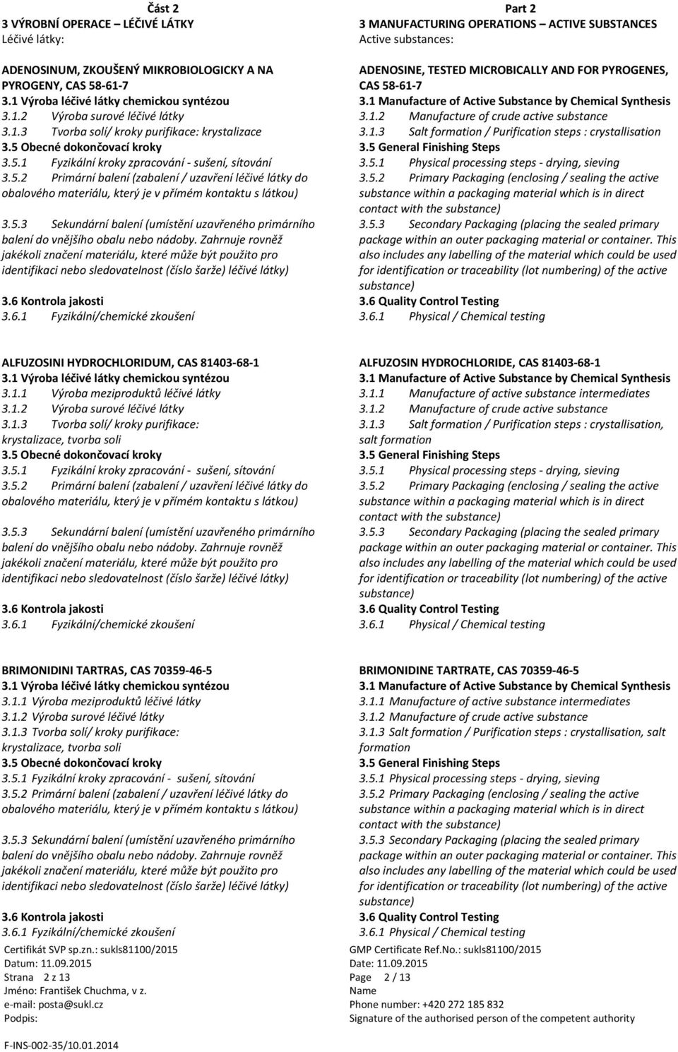 7 3.1.3 Tvorba solí/ kroky purifikace: krystalizace 3.1.3 Salt formation / Purification steps : crystallisation contact with the ALFUZOSINI HYDROCHLORIDUM, CAS 81403-68-1 ALFUZOSIN HYDROCHLORIDE, CAS 81403-68-1 3.