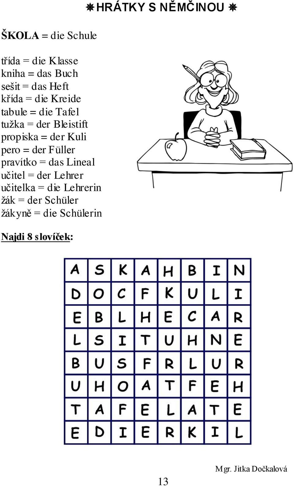 Füller pravítko = das Lineal učitel = der Lehrer učitelka = die Lehrerin žák = der