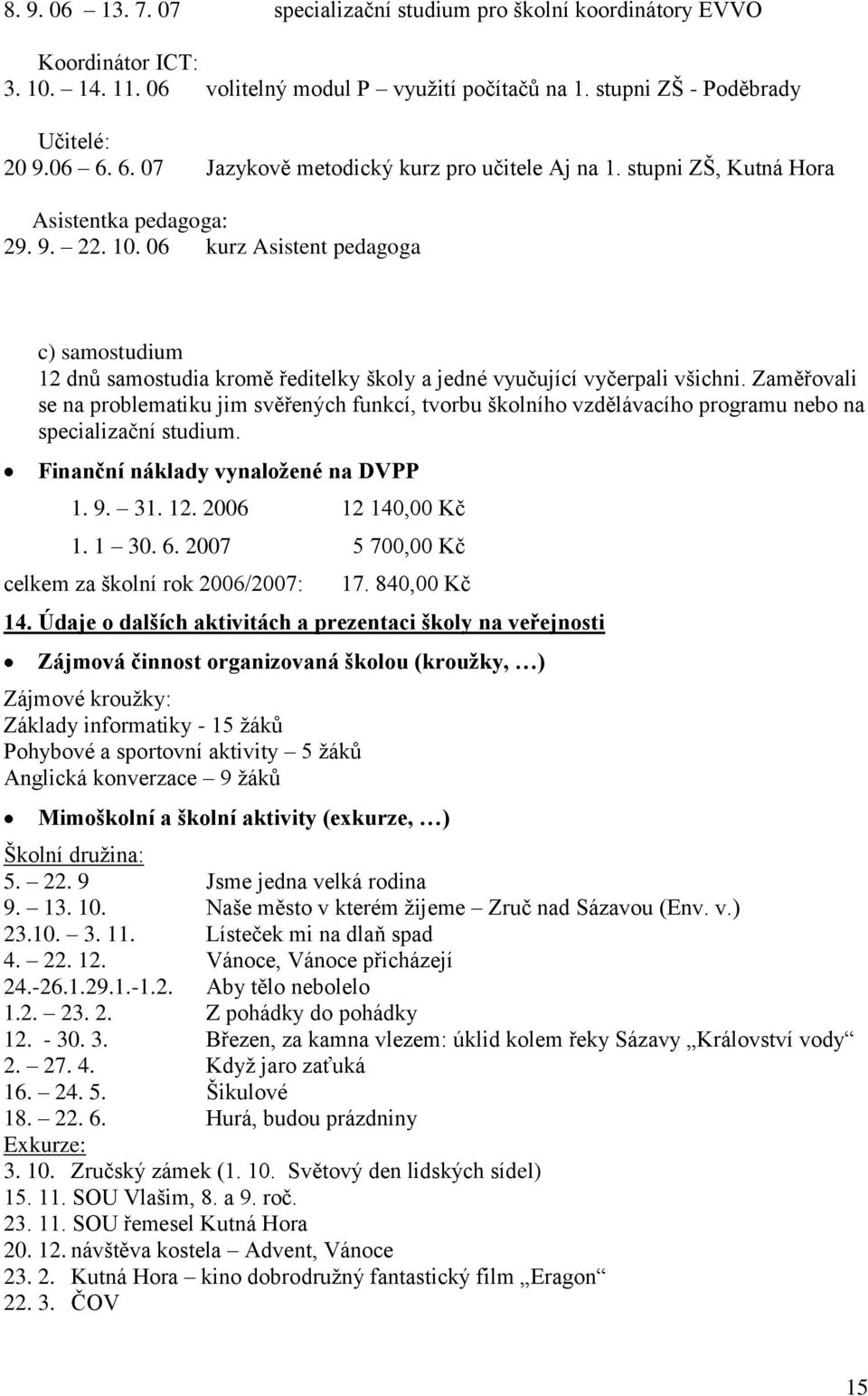 06 kurz Asistent pedagoga c) samostudium 12 dnů samostudia kromě ředitelky školy a jedné vyučující vyčerpali všichni.