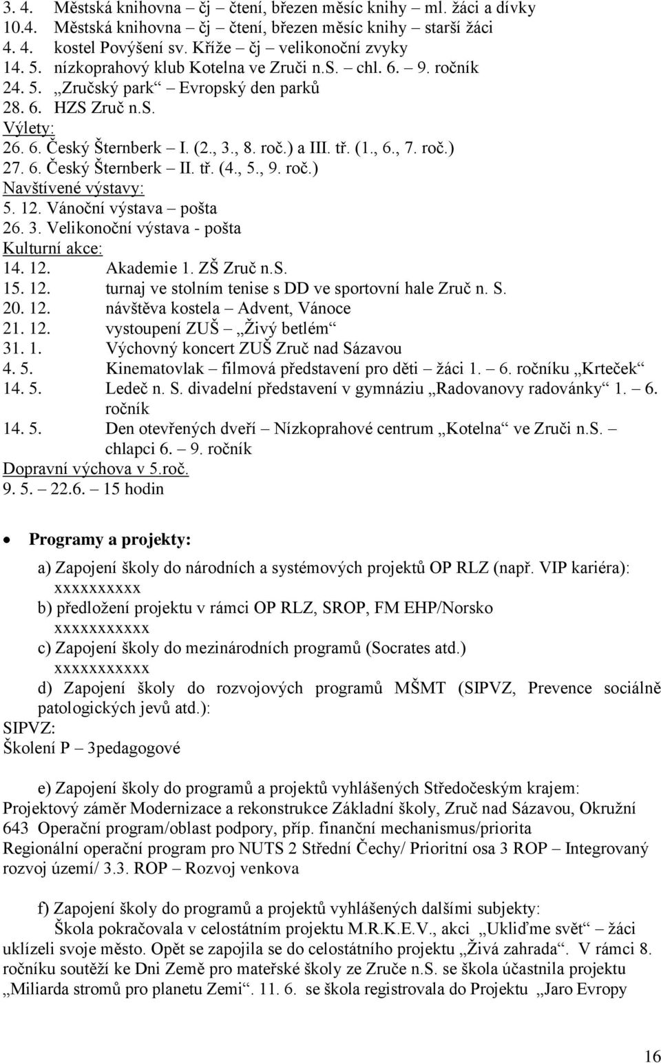 6. Český Šternberk II. tř. (4., 5., 9. roč.) Navštívené výstavy: 5. 12. Vánoční výstava pošta 26. 3. Velikonoční výstava - pošta Kulturní akce: 14. 12. Akademie 1. ZŠ Zruč n.s. 15. 12. turnaj ve stolním tenise s DD ve sportovní hale Zruč n.