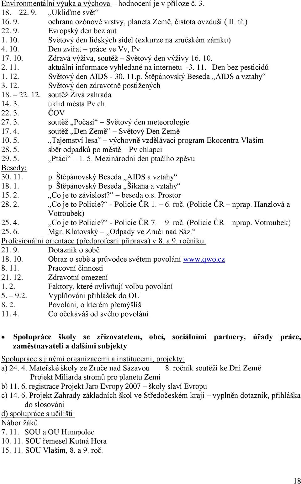 11. Den bez pesticidů 1. 12. Světový den AIDS - 30. 11.p. Štěpánovský Beseda AIDS a vztahy 3. 12. Světový den zdravotně postiţených 18. 22. 12. soutěţ Ţivá zahrada 14. 3. úklid města Pv ch. 22. 3. ČOV 27.