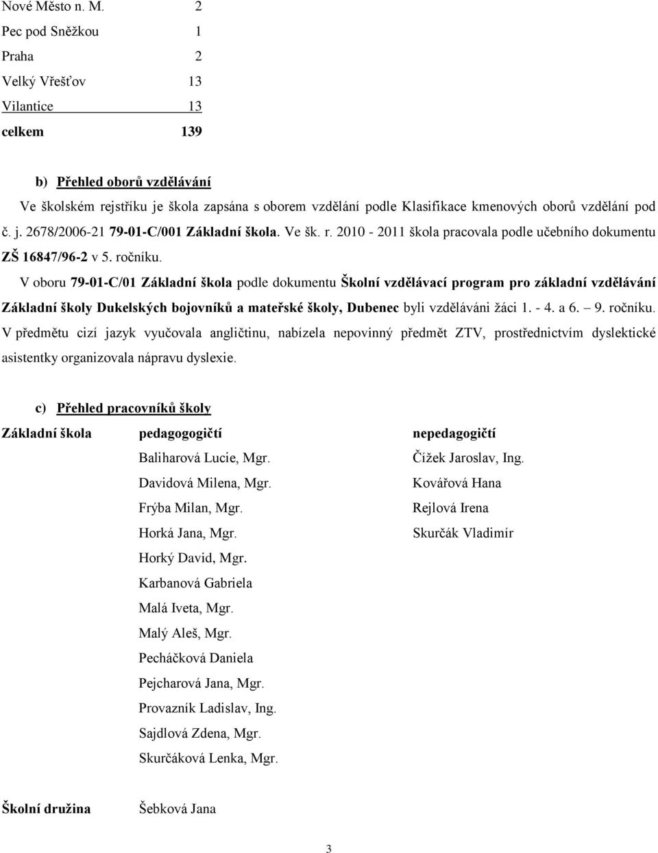 2 Pec pod Sněžkou 1 Praha 2 Velký Vřešťov 13 Vilantice 13 celkem 139 b) Přehled oborů vzdělávání Ve školském rejstříku je škola zapsána s oborem vzdělání podle Klasifikace kmenových oborů vzdělání