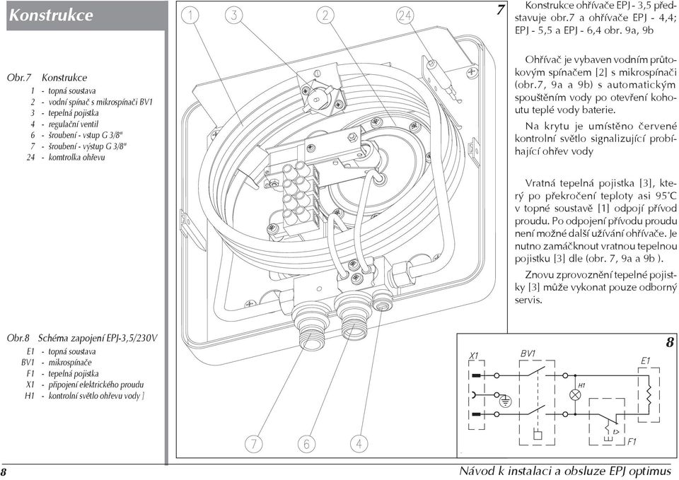 ohøívaèe EPJ - 3,5 pøedstavuje obr.7 a ohøívaèe EPJ - 4,4; EPJ - 5,5 a EPJ - 6,4 obr. 9a, 9b Ohøívaè je vybaven vodním prùtokovým spínaèem [2] s mikrospínaèi (obr.