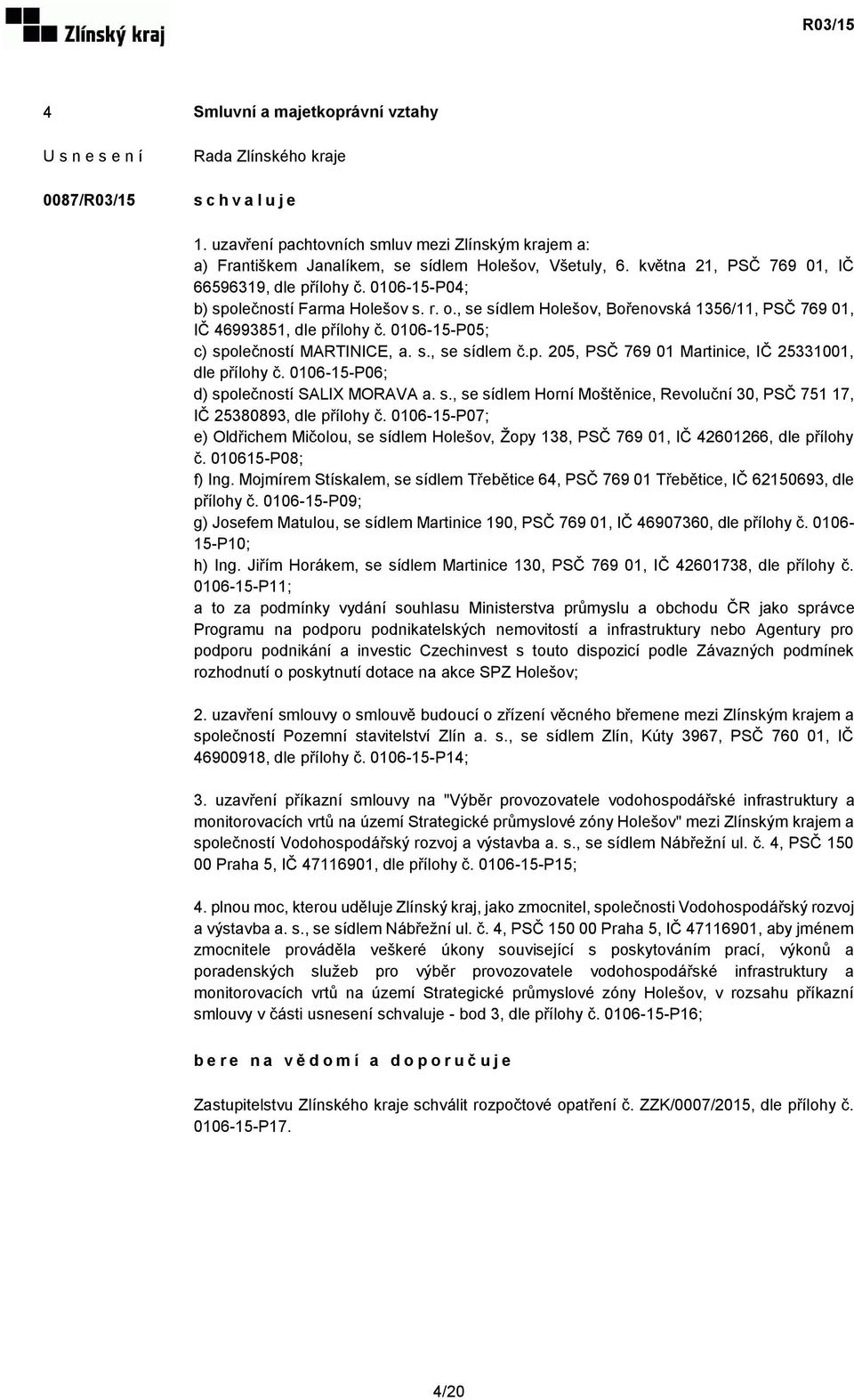 0106-15-P05; c) společností MARTINICE, a. s., se sídlem č.p. 205, PSČ 769 01 Martinice, IČ 25331001, dle přílohy č. 0106-15-P06; d) společností SALIX MORAVA a. s., se sídlem Horní Moštěnice, Revoluční 30, PSČ 751 17, IČ 25380893, dle přílohy č.