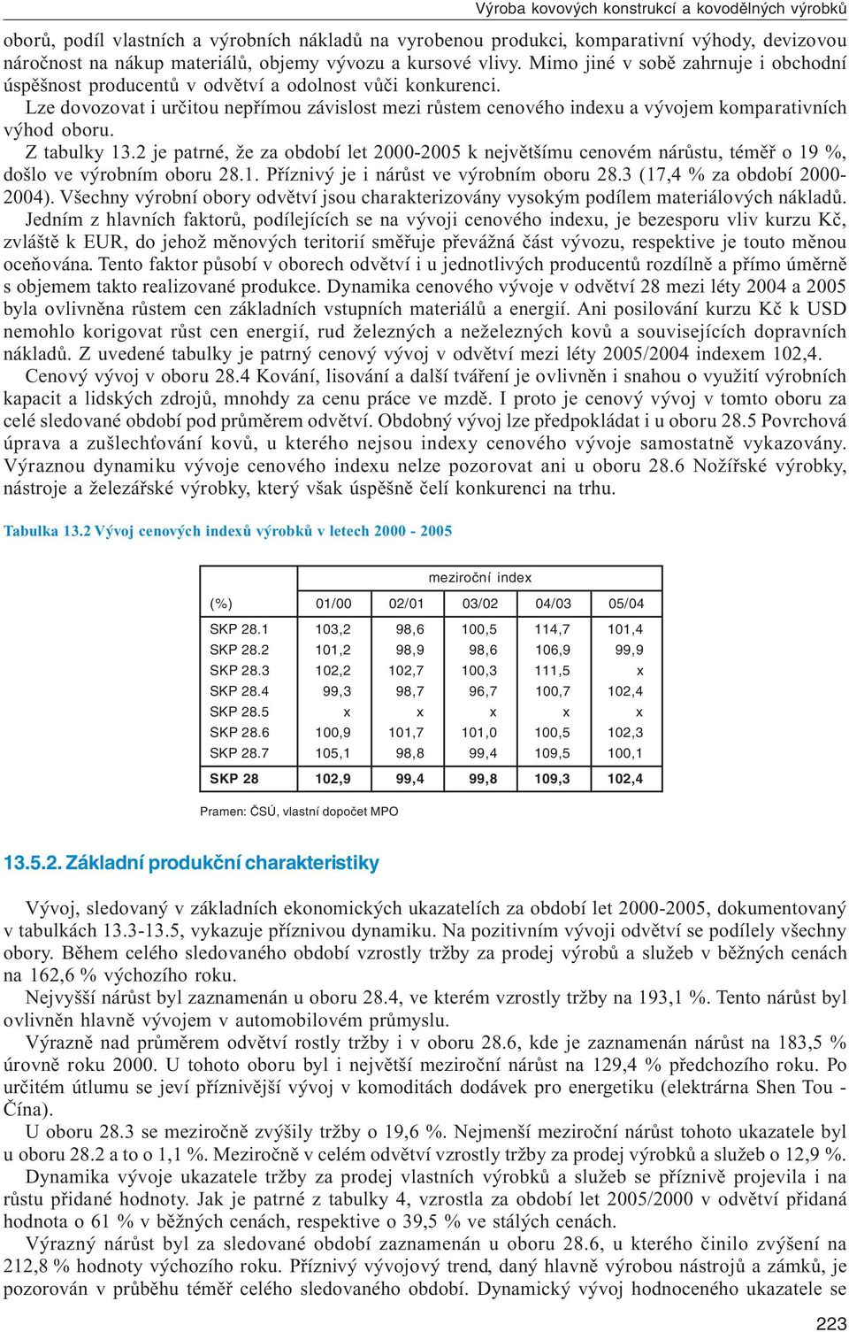 Lze dovozovat i určitou nepřímou závislost mezi růstem cenového indexu a vývojem komparativních výhod oboru. Z tabulky 13.