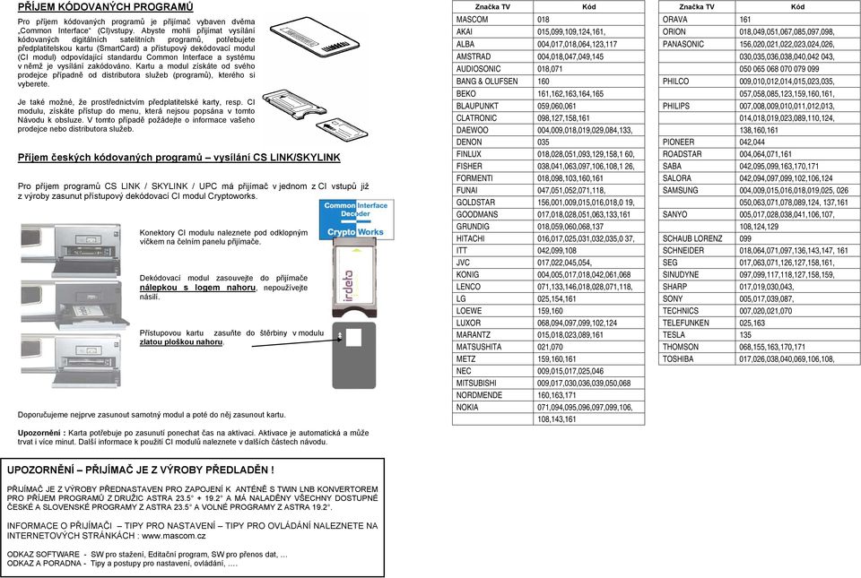 Interface a systému v němž je vysílání zakódováno. Kartu a modul získáte od svého prodejce případně od distributora služeb (programů), kterého si vyberete.