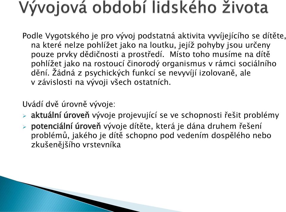 Žádná z psychických funkcí se nevyvíjí izolovaně, ale v závislosti na vývoji všech ostatních.