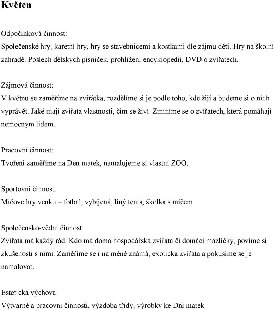 Zmíníme se o zvířatech, která pomáhají nemocným lidem. Tvoření zaměříme na Den matek, namalujeme si vlastní ZOO. Míčové hry venku fotbal, vybíjená, líný tenis, školka s míčem.