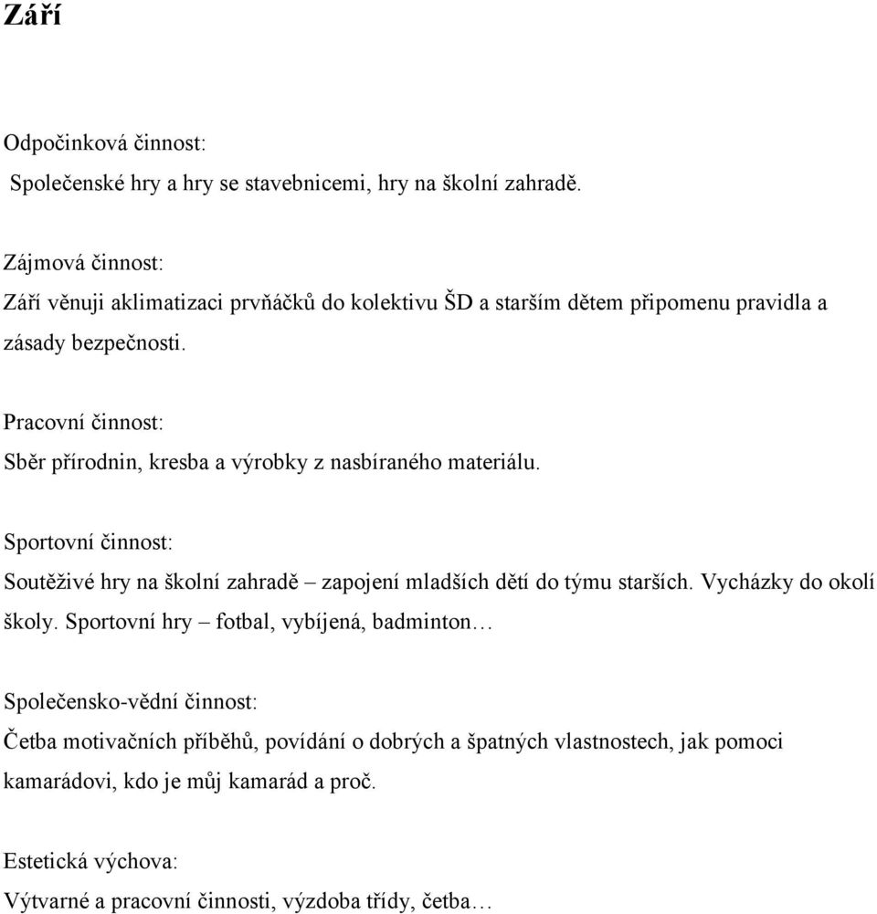 Sběr přírodnin, kresba a výrobky z nasbíraného materiálu. Soutěživé hry na školní zahradě zapojení mladších dětí do týmu starších.