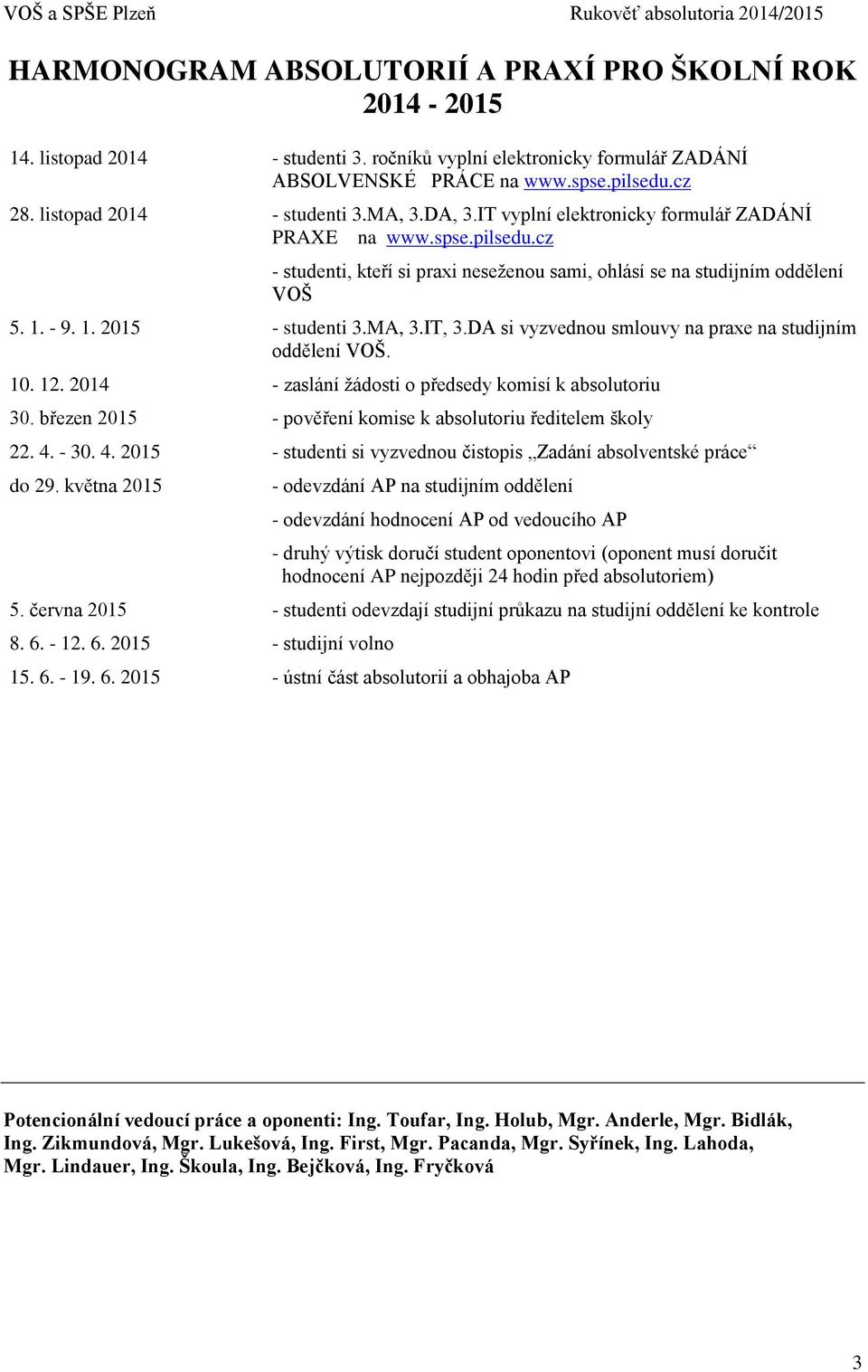 - 9. 1. 2015 - studenti 3.MA, 3.IT, 3.DA si vyzvednou smlouvy na praxe na studijním oddělení VOŠ. 10. 12. 2014 - zaslání žádosti o předsedy komisí k absolutoriu 30.