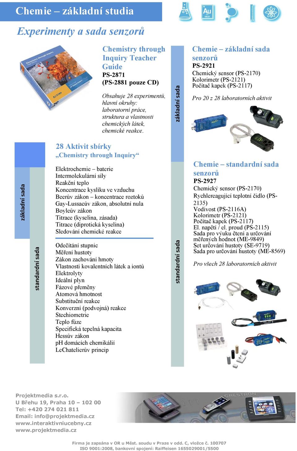 28 Aktivit sbírky Chemistry through Inquiry Elektrochemie baterie Intermolekulární síly Reakční teplo Koncentrace kyslíku ve vzduchu Beerův zákon koncentrace roztoků Gay-Lussacův zákon, absolutní