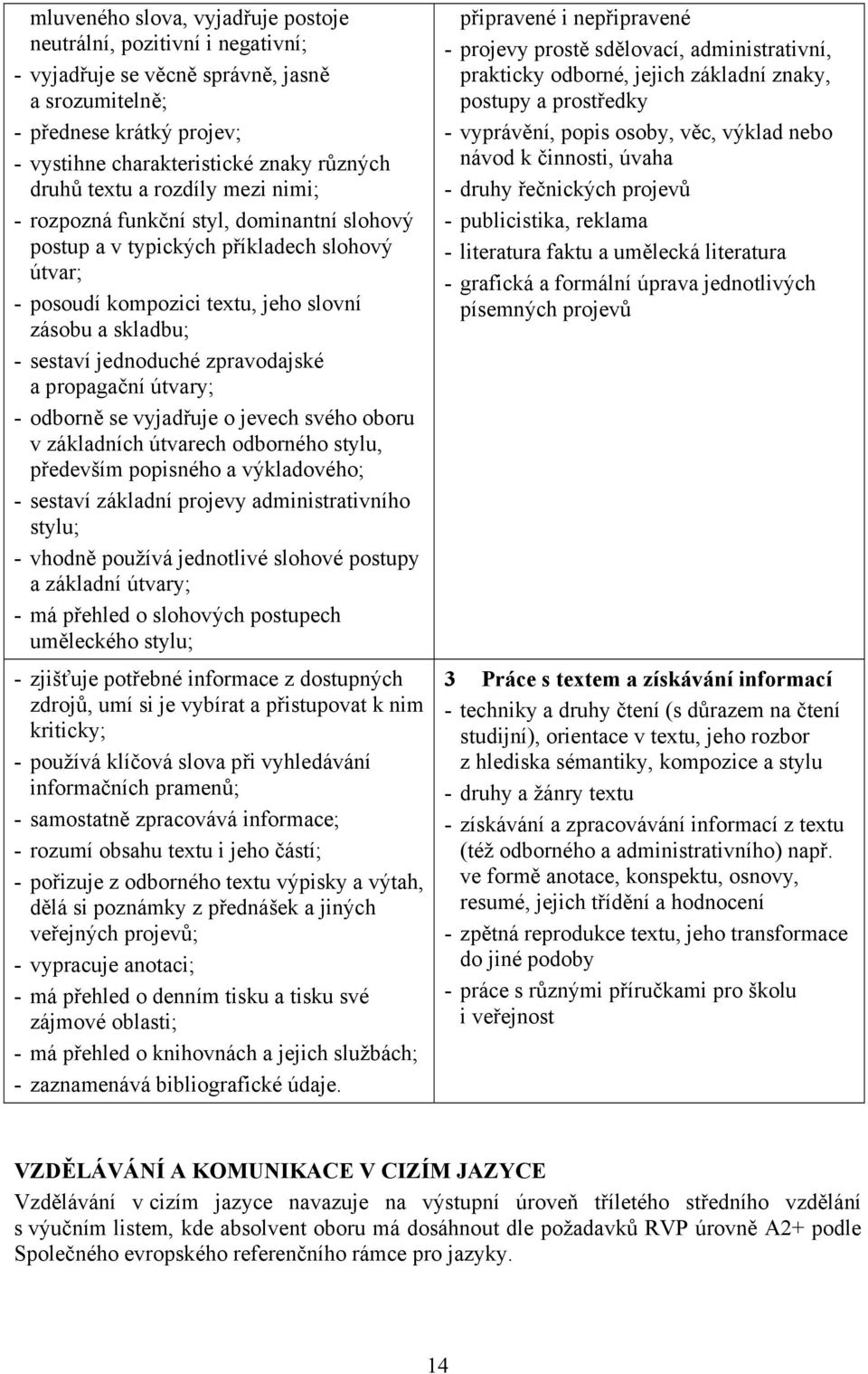 zpravodajské a propagační útvary; - odborně se vyjadřuje o jevech svého oboru v základních útvarech odborného stylu, především popisného a výkladového; - sestaví základní projevy administrativního