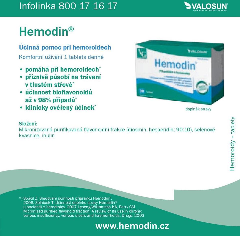 inulin Hemoroidy tablety *) Spáčil Z. Sledování účinnosti přípravku Hemodin. 2006. Zelníček T. Účinnost doplňku stravy Hemodin u pacientů s hemoroidy. 2007.