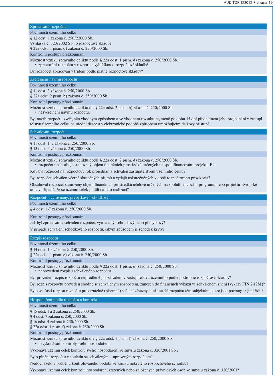 Byl rozpočet zpracován v třídění podle platné rozpočtové skladby? Zveřejnění návrhu rozpočtu Povinnosti územního celku 11 odst. 3 zákona č. 250/2000 Sb.