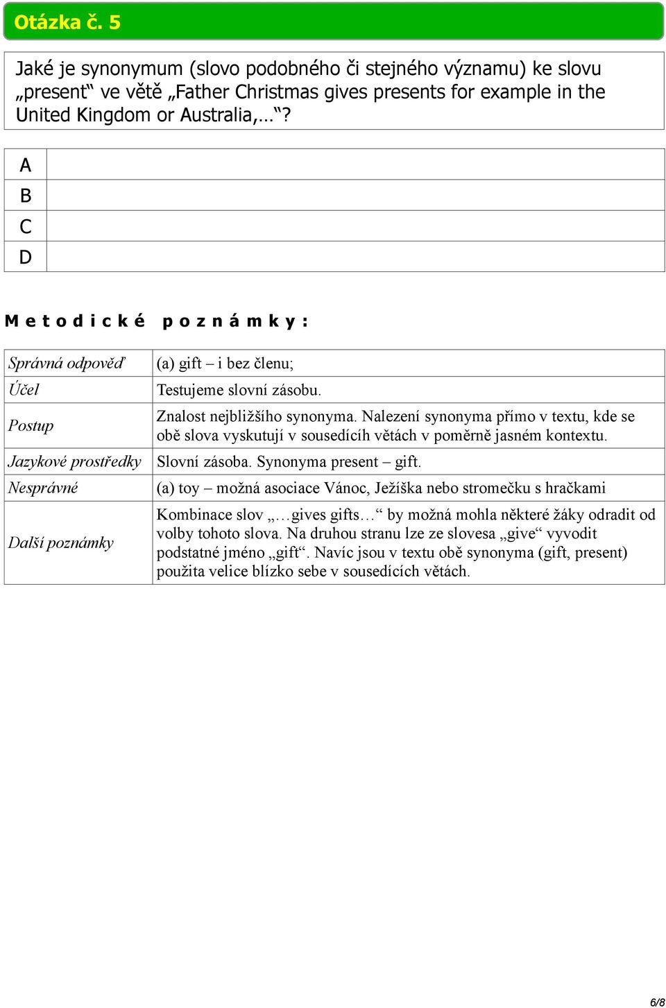 Nalezení synonyma přímo v textu, kde se obě slova vyskutují v sousedícíh větách v poměrně jasném kontextu. Jazykové prostředky Slovní zásoba. Synonyma present gift.