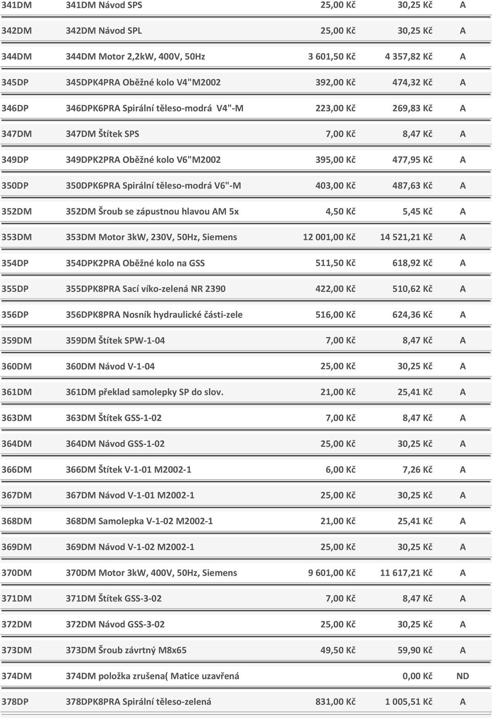 Spirální těleso-modrá V6"-M 403,00 Kč 487,63 Kč A 352DM 352DM Šroub se zápustnou hlavou AM 5x 4,50 Kč 5,45 Kč A 353DM 353DM Motor 3kW, 230V, 50Hz, Siemens 12 001,00 Kč 14 521,21 Kč A 354DP 354DPK2PRA