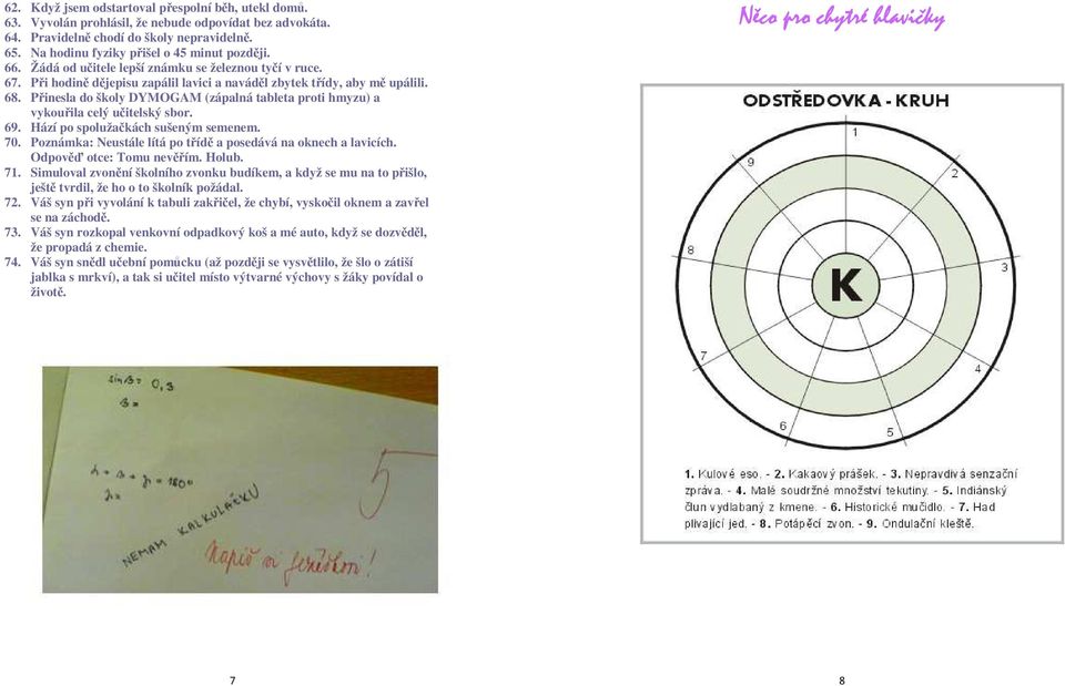 Přinesla do školy DYMOGAM (zápalná tableta proti hmyzu) a vykouřila celý učitelský sbor. 69. Hází po spolužačkách sušeným semenem. 70. Poznámka: Neustále lítá po třídě a posedává na oknech a lavicích.