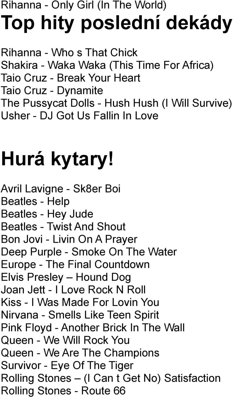 Avril Lavigne - Sk8er Boi Beatles - Help Beatles - Hey Jude Beatles - Twist And Shout Bon Jovi - Livin On A Prayer Deep Purple - Smoke On The Water Europe - The Final Countdown Elvis Presley