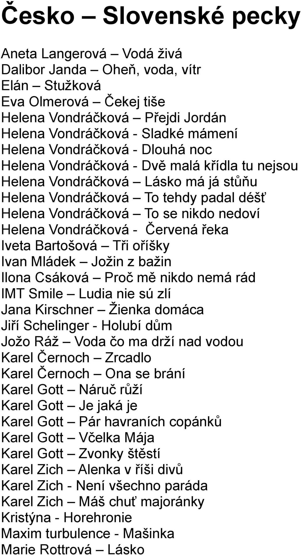 Vondráčková - Červená řeka Iveta Bartošová Tři oříšky Ivan Mládek Jožin z bažin Ilona Csáková Proč mě nikdo nemá rád IMT Smile Ludia nie sú zlí Jana Kirschner Žienka domáca Jiří Schelinger - Holubí