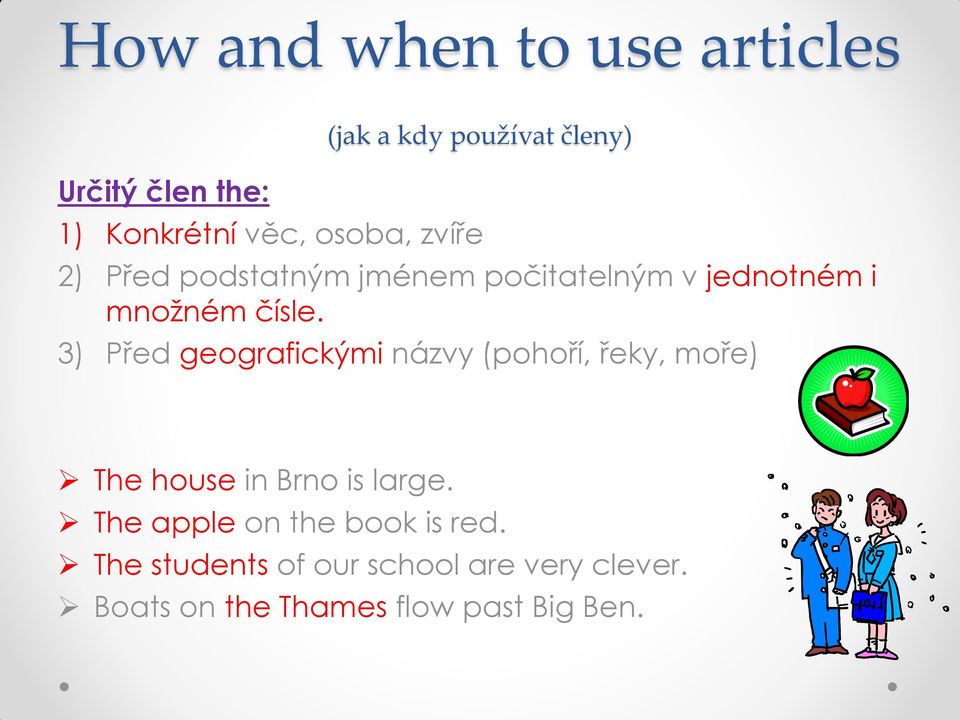 3) Před geografickými názvy (pohoří, řeky, moře) The house in Brno is large.