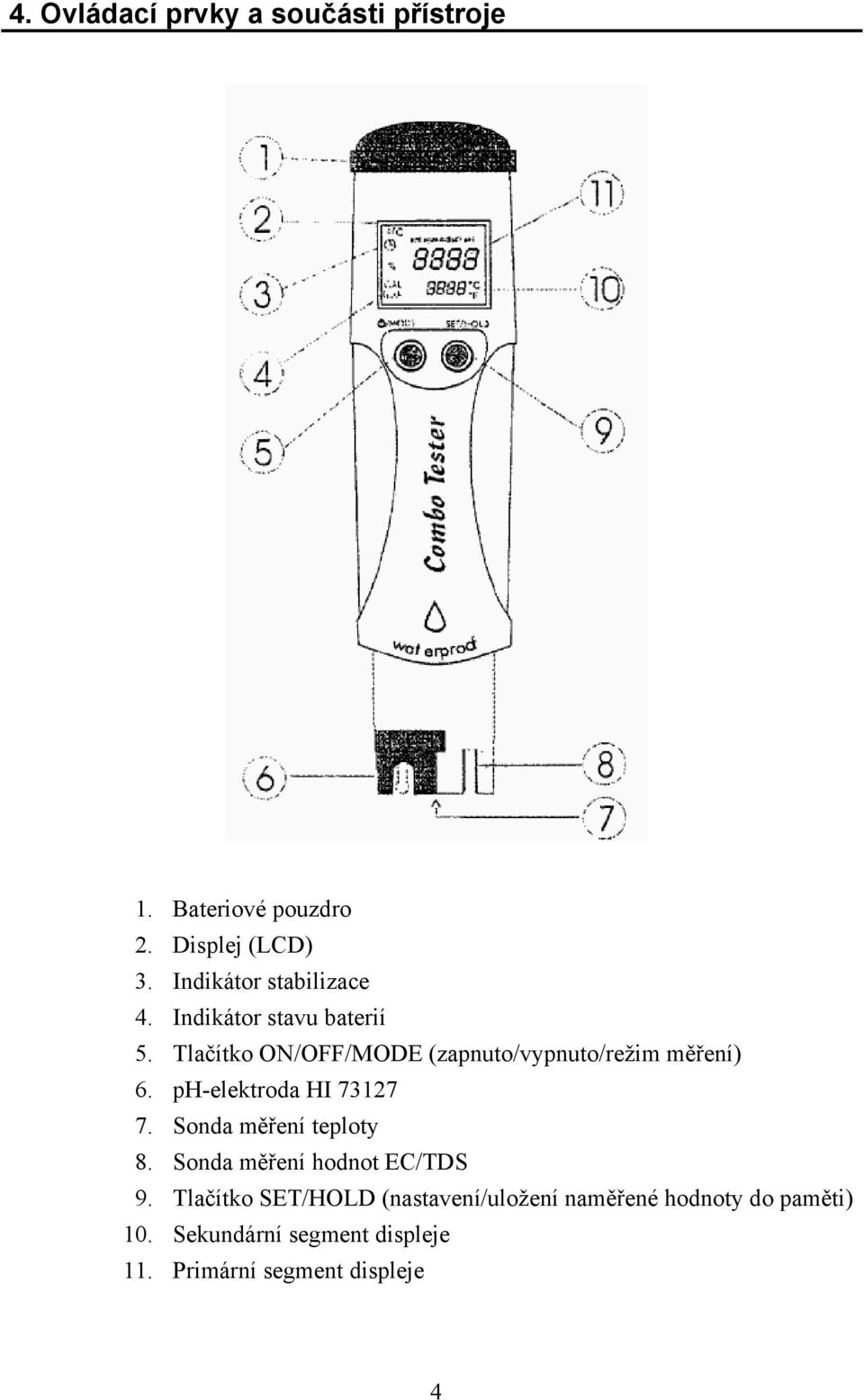 Tlačítko ON/OFF/MODE (zapnuto/vypnuto/režim měření) 6. ph-elektroda HI 73127 7.