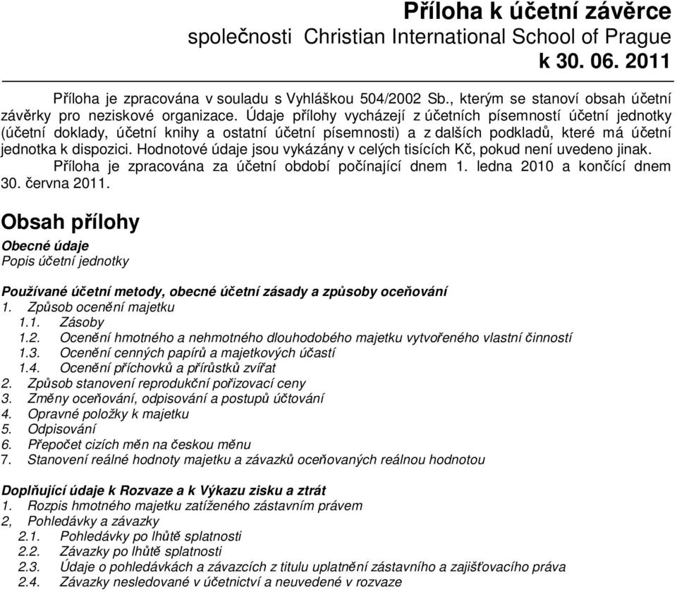 Údaje přílohy vycházejí z účetních písemností účetní jednotky (účetní doklady, účetní knihy a ostatní účetní písemnosti) a z dalších podkladů, které má účetní jednotka k dispozici.