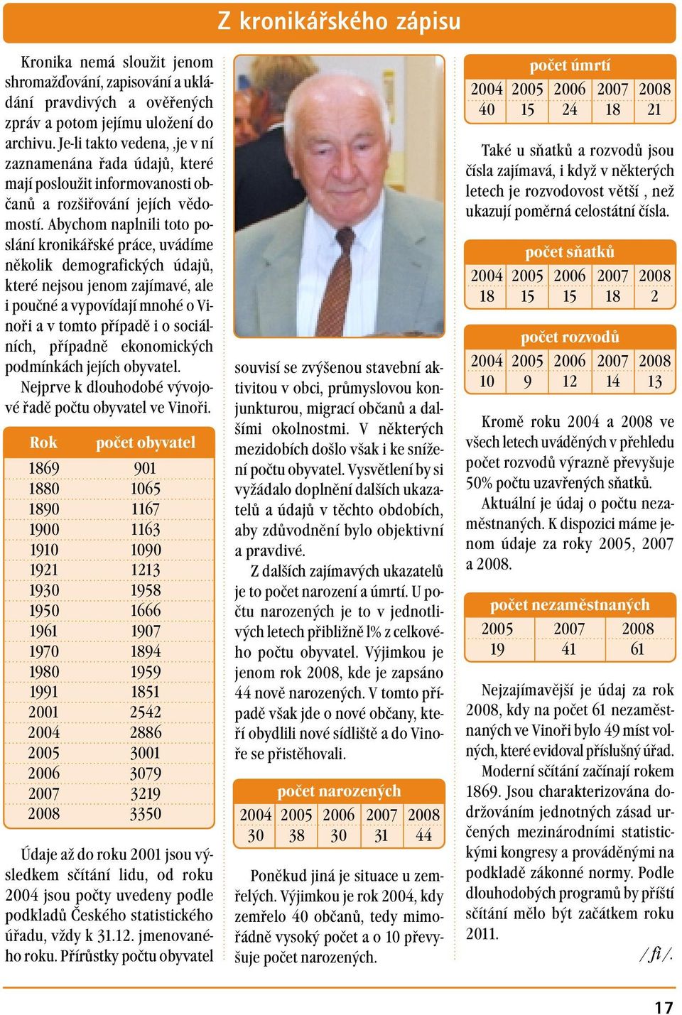 Abychom naplnili toto poslání kronikářské práce, uvádíme několik demografických údajů, které nejsou jenom zajímavé, ale i poučné a vypovídají mnohé o Vinoři a v tomto případě i o sociálních, případně