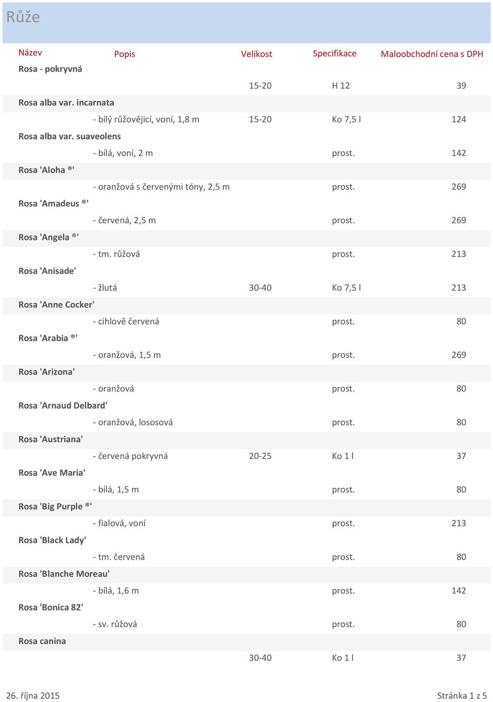 213 Rosa 'Anisade' - žlutá 30-40 Ko 7,5 l 213 Rosa 'Anne Cocker' - cihlově červená prost. 80 Rosa 'Arabia ' - oranžová, 1,5 m prost. 269 Rosa 'Arizona' - oranžová prost.
