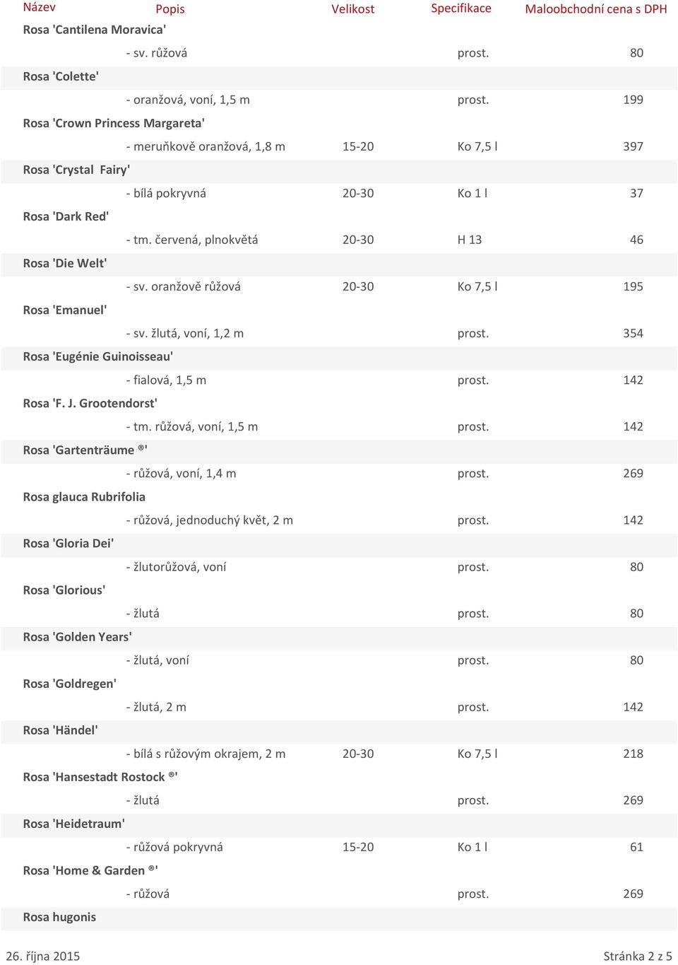 červená, plnokvětá 20-30 H 13 46 Rosa 'Die Welt' - sv. oranžově růžová 20-30 Ko 7,5 l 195 Rosa 'Emanuel' - sv. žlutá, voní, 1,2 m prost. 354 Rosa 'Eugénie Guinoisseau' - fialová, 1,5 m prost.