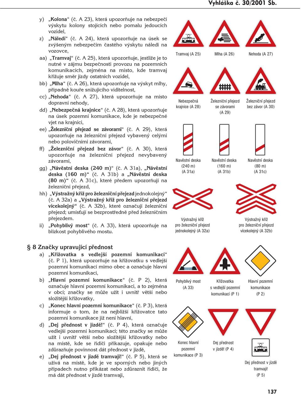 A 25), která upozorňuje, jestliže je to nutné v zájmu bezpečnosti provozu na pozemních komunikacích, zejména na místo, kde tramvaj křižuje směr jízdy ostatních vozidel, bb) Mlha (č.