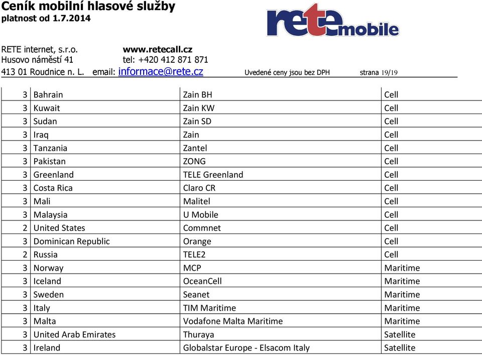 ZONG Cell 3 Greenland TELE Greenland Cell 3 Costa Rica Claro CR Cell 3 Mali Malitel Cell 3 Malaysia U Mobile Cell 2 United States Commnet Cell 3 Dominican