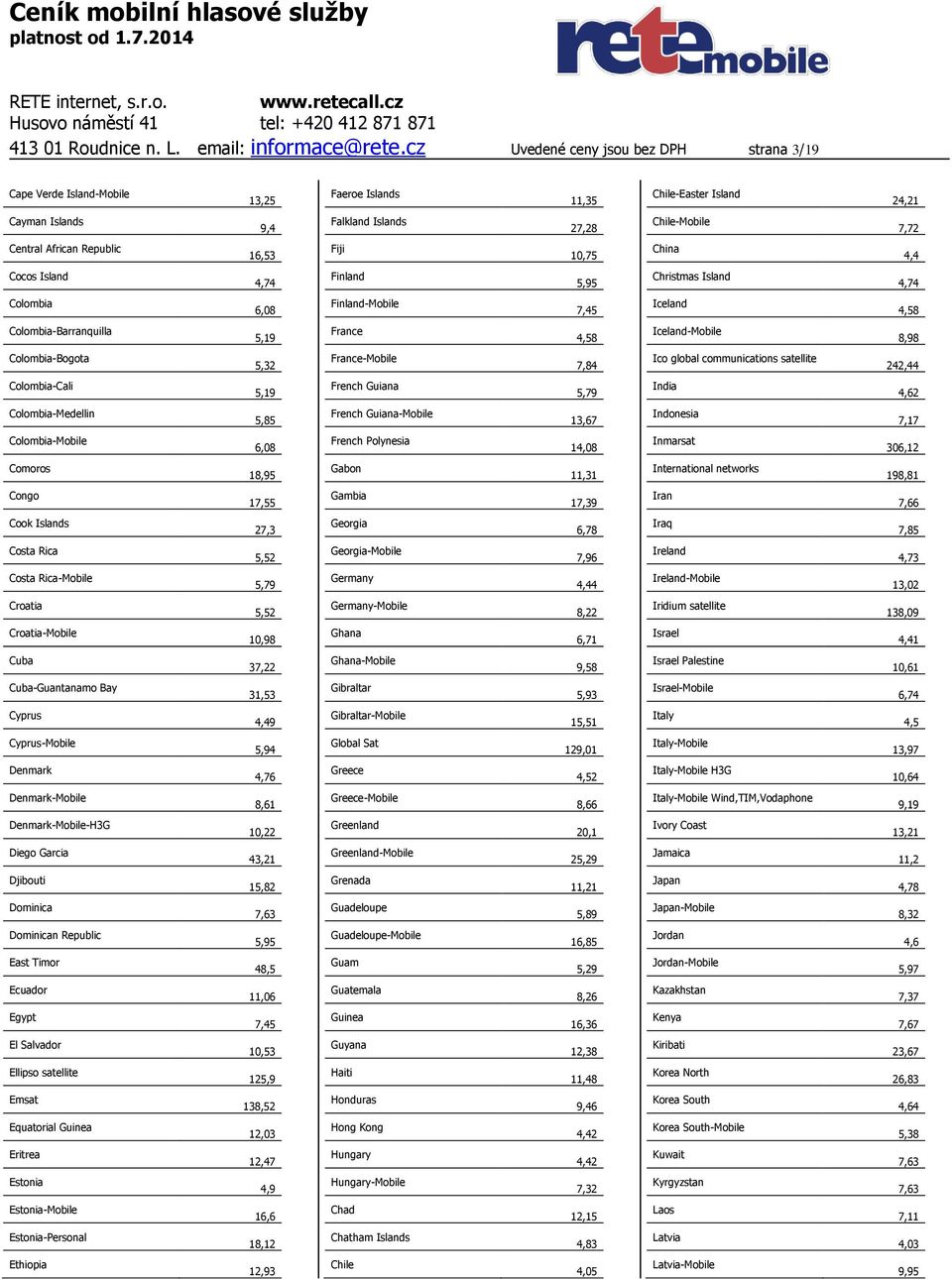 Republic 16,53 Fiji 10,75 China 4,4 Cocos Island 4 Finland 5,95 Christmas Island 4 Colombia 6,08 Finland-Mobile 7,45 Iceland 4,58 Colombia-Barranquilla 5,19 France 4,58 Iceland-Mobile 8,98