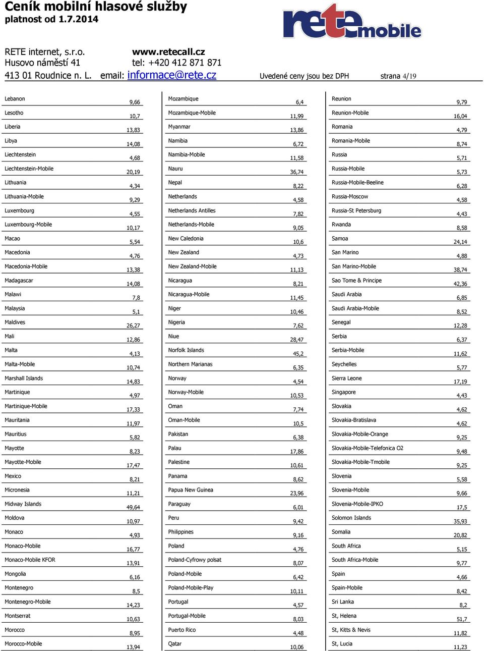 6,72 Romania-Mobile 8,74 Liechtenstein 4,68 Namibia-Mobile 11,58 Russia 5,71 Liechtenstein-Mobile 20,19 Nauru 36,74 Russia-Mobile 5,73 Lithuania 4,34 Nepal 8,22 Russia-Mobile-Beeline 6,28