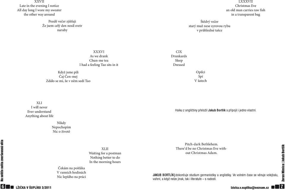 se mi, že v něm sedí Tao Opilci Spí V šatech XLI I will never Ever understand Anything about life Haiku z angličtiny přeložil Jakub Bortlík a připojil i jedno vlastní.