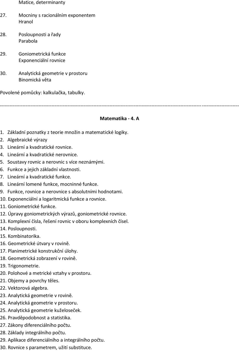 Lineární a kvadratické rovnice. 4. Lineární a kvadratické nerovnice. 5. Soustavy rovnic a nerovnic s více neznámými. 6. Funkce a jejich základní vlastnosti. 7. Lineární a kvadratické funkce. 8.