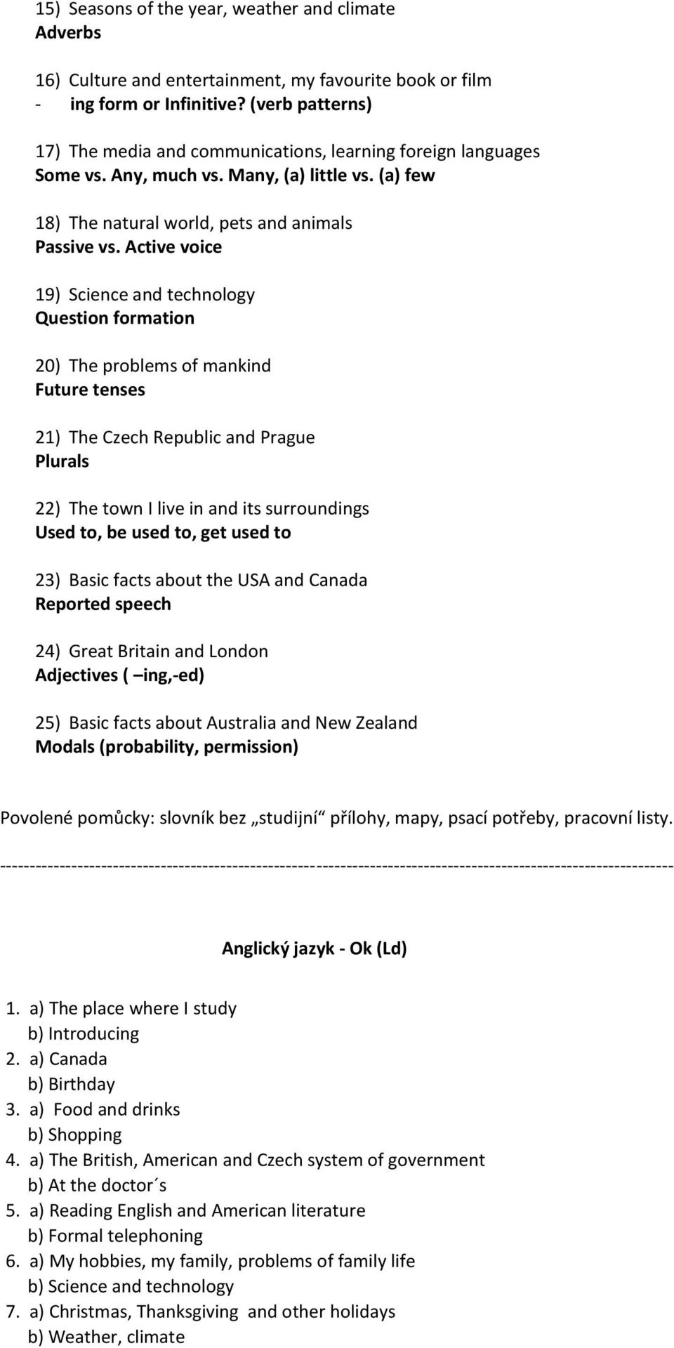 Active voice 19) Science and technology Question formation 20) The problems of mankind Future tenses 21) The Czech Republic and Prague Plurals 22) The town I live in and its surroundings Used to, be