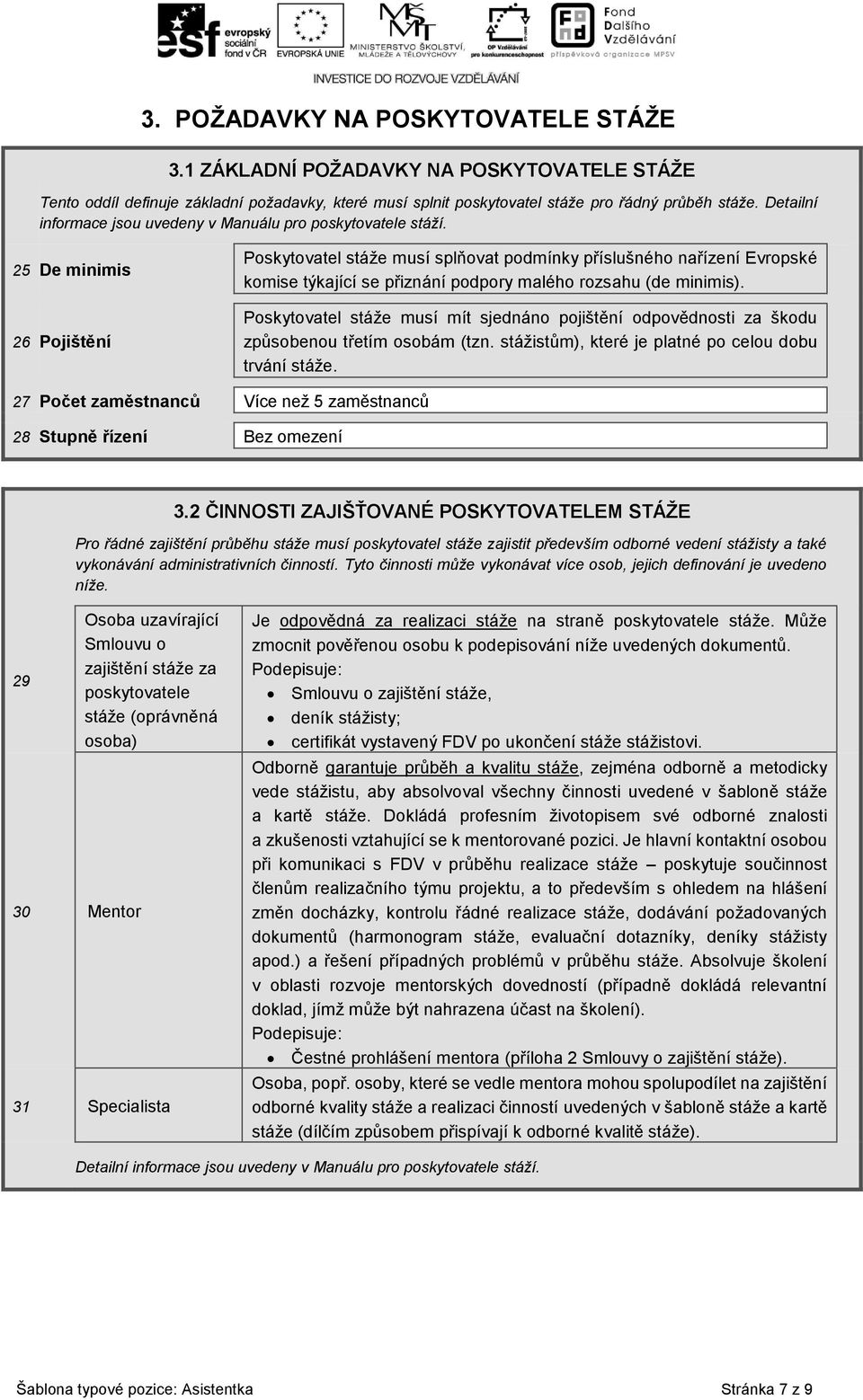 25 De minimis 26 Pojištění Poskytovatel stáže musí splňovat podmínky příslušného nařízení Evropské komise týkající se přiznání podpory malého rozsahu (de minimis).
