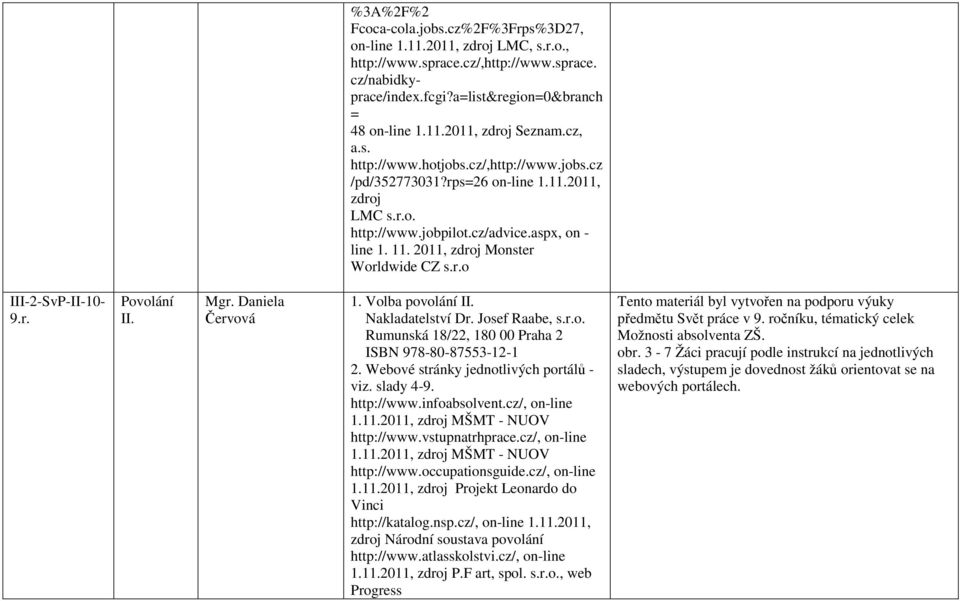 1. Volba povolání II. ISBN 978-80-87553-12-1 2. Webové stránky jednotlivých portálů - viz. slady 4-9. http://www.infoabsolvent.cz/, on-line 1.11.2011, zdroj MŠMT - NUOV http://www.vstupnatrhprace.