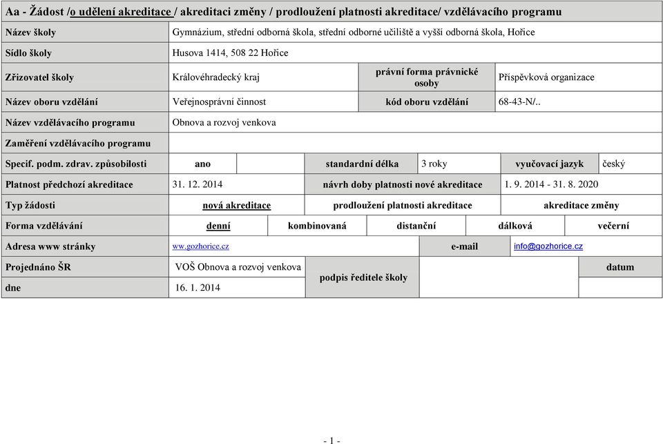 . Příspěvková organizace Název vzdělávacího programu Obnova a rozvoj venkova Zaměření vzdělávacího programu Specif. podm. zdrav.