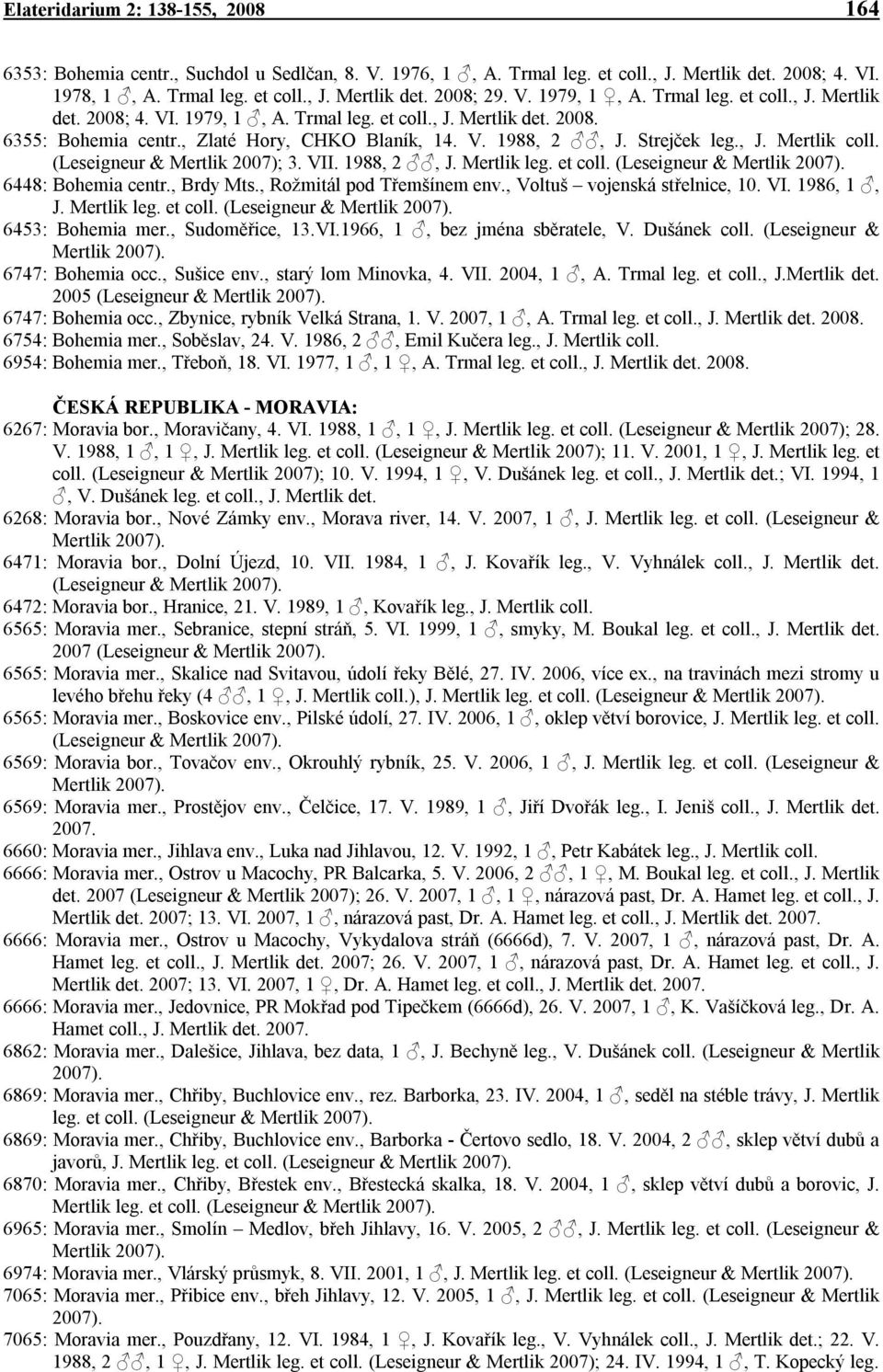 , J. Mertlik coll. (Leseigneur & Mertlik 2007); 3. VII. 1988, 2, J. Mertlik leg. et coll. 6448: Bohemia centr., Brdy Mts., Rožmitál pod Třemšínem env., Voltuš vojenská střelnice, 10. VI. 1986, 1, J.