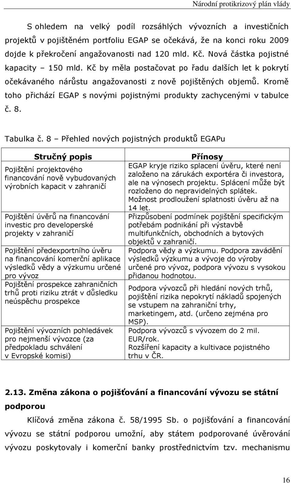 Kromě toho přichází EGAP s novými pojistnými produkty zachycenými v tabulce č. 8. Tabulka č.