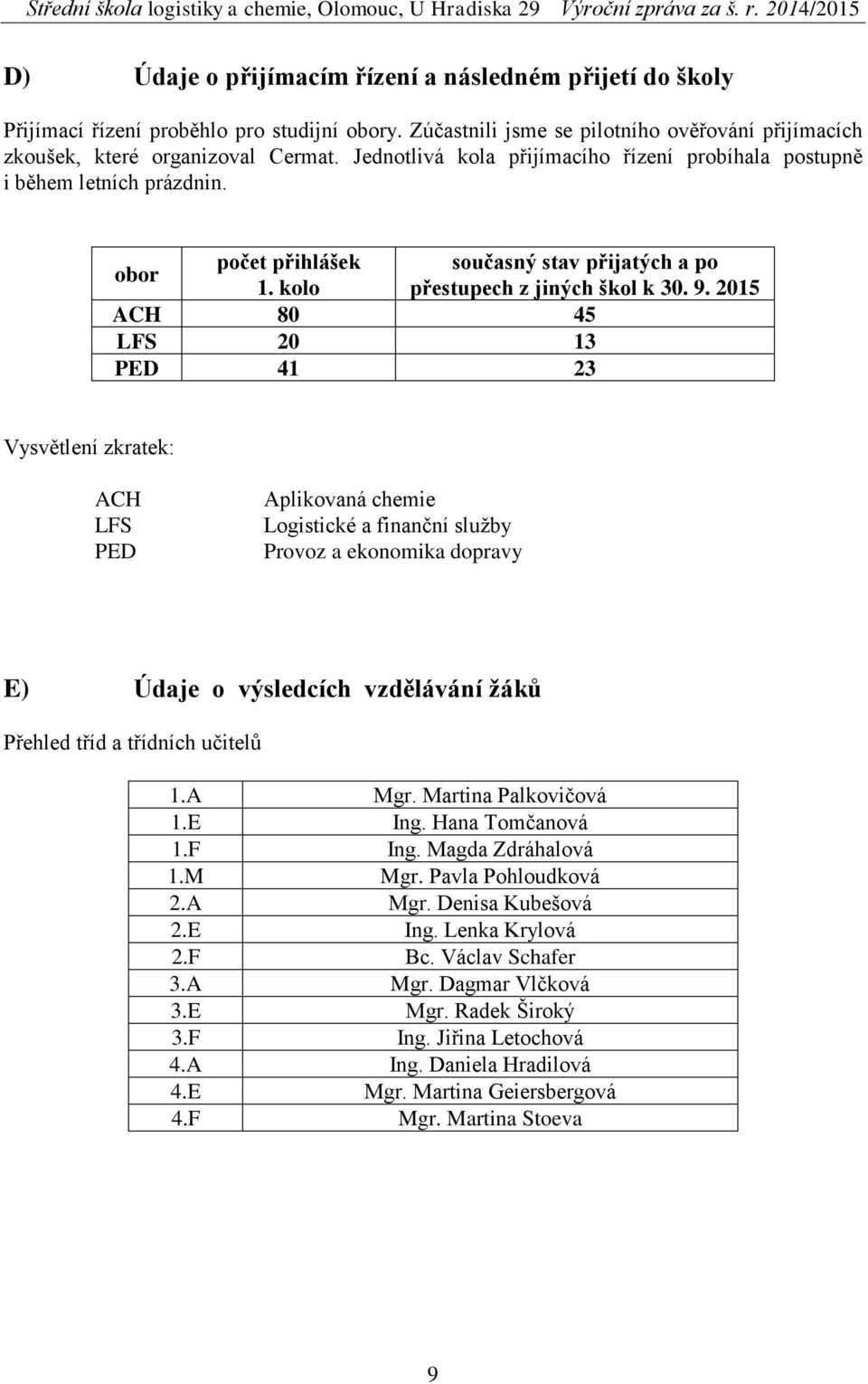 2015 ACH 80 45 LFS 20 13 PED 41 23 Vysvětlení zkratek: ACH LFS PED Aplikovaná chemie Logistické a finanční služby Provoz a ekonomika dopravy E) Údaje o výsledcích vzdělávání žáků Přehled tříd a